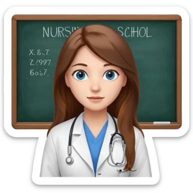university classroom that says nursing school on the blackboard with a pretty female nursing student with long brown hair, blue eyes sticker