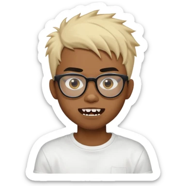Black Male Teenager with Short punk messy blonde hair, Dark brown bushy eyebrows large expressive golden-brown eyes, wearing a plain white t-shirt, wearing thick black glasses, Dark Brown skin color. Showing off his singular vampire tooth sticker