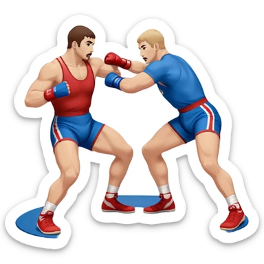 Two Sambo fighters in blue and red gis with shorts and wrestling shoes, executing gripping and throwing techniques. The fighters are engaged in a dynamic, action-packed moment with no strikes. The background features a wrestling mat, focusing on the technique and control. Transparent background  sticker