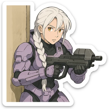 female, wearing reach spartan armor default, long white braid hair with massive messy front side single bangs, gold yellow eyes, attention pose, HALO:series, no helmet, the armor is lavender color scheme, shoulder pad off. DDD bust size fitting. Punk gothic cyberpunk, peeking around a corner while aiming a classic HALO1 AR, tactical, lean sticker