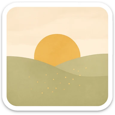 minimalist, artistic avatar with warm gentle palette beige, light brown, green, pale yellow, abstract expression of slowly becoming wealthy with sunrise over field with subtle golden sparkles, no text, square format sticker