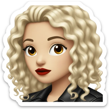 White girl, with long curly black hair, with red lipstick, black winged eyeliner, wearing black shirt and black leather jacket sticker