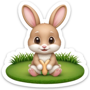 A cute 3D cartoon rabbit sitting on green grass, soft white fur, big ears, round eyes, and a cheerful smile, bright natural lighting, Memoji-style. sticker
