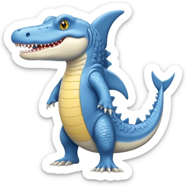 Appearance: The character is predominantly blue with a lighter belly and yellow eyes.
Features: It has large teeth, a shark-like fin on its back, and a tail.
Attire: The crocodile is wearing a pair of light blue and white sneakers.
Pose: It is standing upright on its hind legs. sticker