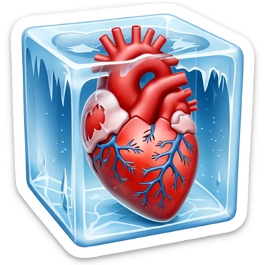 Ultra-realistic photo of a human heart frozen inside a clear ice cube, sharp details, icy texture, frost on the surface, studio lighting, 8k resolution sticker