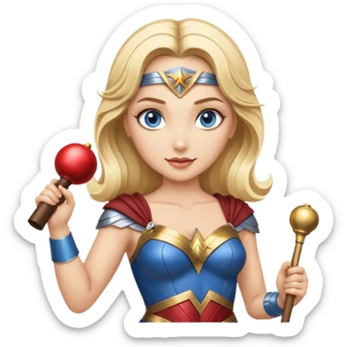 Blonde blue eyes Wonder Woman holding bell and short white orchestra conductor’s baton  sticker