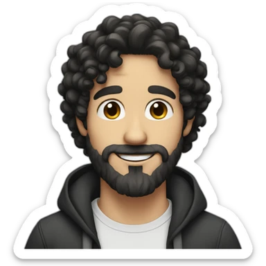 white skin guy with black long curly hair, medium beard and big nose smiling sticker