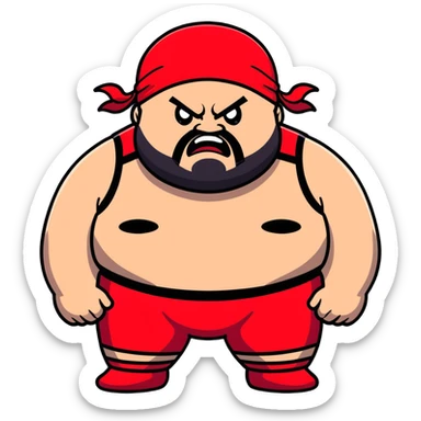 White skin fat guy with prominent black durag, shaved beard stubble, black eyes in a red and black wrestling singlet with angry face sticker
