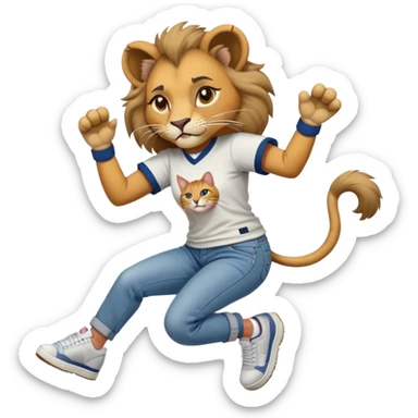 friendly anthropomorphised female lion in a baseball shirt, jeans, and trainers helping a hip-hop, RUN DMC-inspired female cat up after falling down sticker