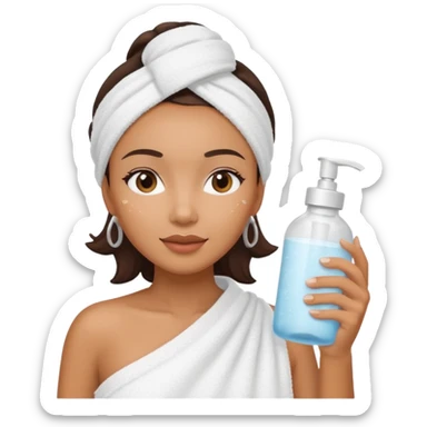 Mixed-race woman with caramel skin, wearing a white towel around her body, holding a frosted glass skincare bottle sticker