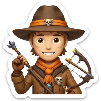 male human monster hunter emoji, wearing brown leather coat and wide hat, holding crossbow or rifle, with amulet shaped like skull, Halloween fantasy theme, confident smile, orange scarf, Apple emoji style, clean white background, square image sticker