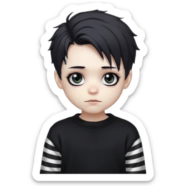 Goth boy, chibi style, oversized sweater, striped sleeves, cute sticker