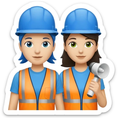 Duas pessoas com capacete de obras azul e um megafone na mão e camisa social cinza com faixas reflexivas verdes nos braços. Deve ser um homem e uma mulher. Os dois capacetes devem será azul escuro. sticker