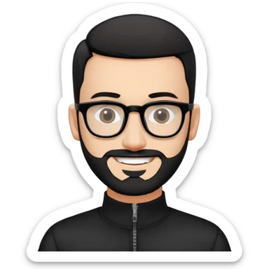 Fair-skinned man with almost buzz cut black hair (extremely short but not completely shaved), short salt and pepper beard, large black-framed glasses, smiling, wearing black long sleeve zip shirt at neck sticker