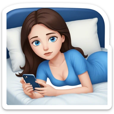 Brunett white girl with blue eyes, laying on stomach  In bed at night , using her iPhone sticker