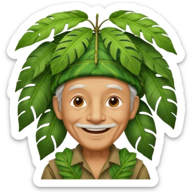 a old man with jungle wearing a large leaf headgear bye  sticker
