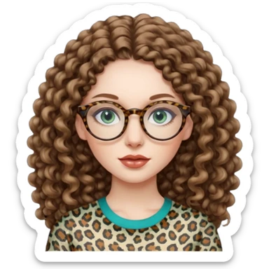 a blue green eyed woman with very long brunette curly hair, full lips,and pale skin. She is wearing a leopard printed thin round-ish glasses . She is wearing a brown top. sticker
