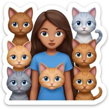 a pretty bratz dusky girl with long brown hair, blue eyes with six cats nd wearing a grey tshirt sticker