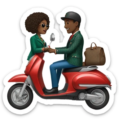 a woman and a man wearing gucci clothes on a e scooter sticker
