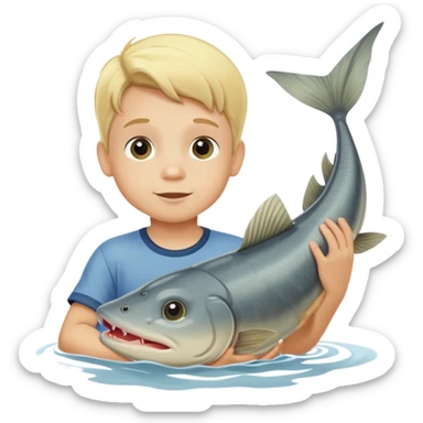 4 year old blonde boy catching a giant catfish sticker
