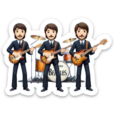 Rock music icon: The Beatles performing live on stage. John Lennon with guitar, Paul McCartney with bass, George Harrison with guitar, Ringo Starr on drums. Bright lights, energetic performance. Transparent background. sticker