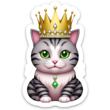 Gatito gris oscura con rayas negras ojos verdes vestida de reina con coronas y diamantes, más peluda y gordita  sticker