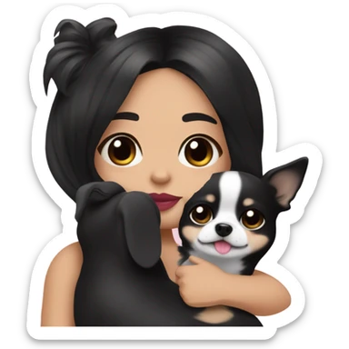 Thick medium black hair with black eyes and pink lip and pink cheek Filipino lady hugging black and white Chihuahua  sticker