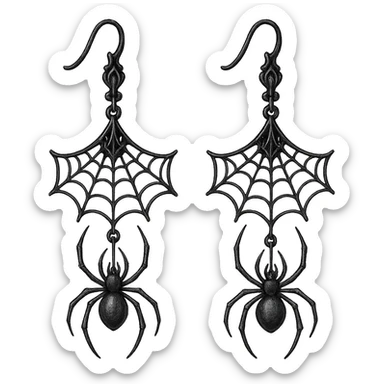goth earrings, spider dangling from web, intricate gothic style sticker