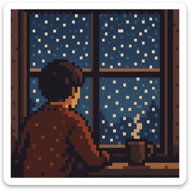 pixel art style scene of a person watching snow fall outside sticker