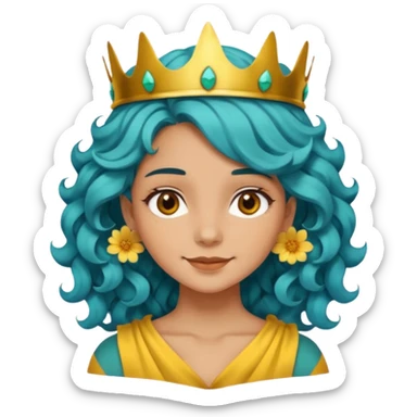 A woman with wavy teal-blue hair styled in loose curls. Her hair is adorned with large golden-yellow flower petals that resemble a crown. She has soft brown eyes, smooth skin, and a small friendly smile on her face. sticker