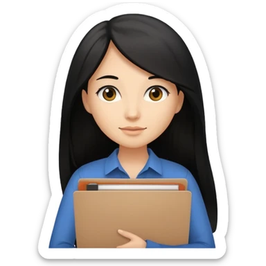 a light tan woman with long black hair past mid-back, round brown eyes and manila folder in her hands sticker