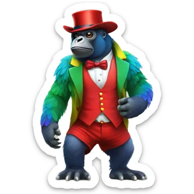 Rainbow parrot gorilla with no legs with a tophat and a 6 pack, wearing red shorts sticker