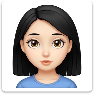 Crear emoji de una chica de piel blanca ojos grandes negro pelo lacio negro con raya al medio tierna, dulce y alegre sticker