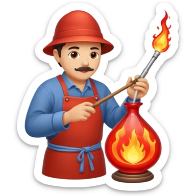 Glassblowing and casting icon, artisan shaping molten glass with a blowpipe, glass being poured into a mold, glowing red-hot glass, delicate patterns, minimalistic style, clean lines, transparent background. sticker