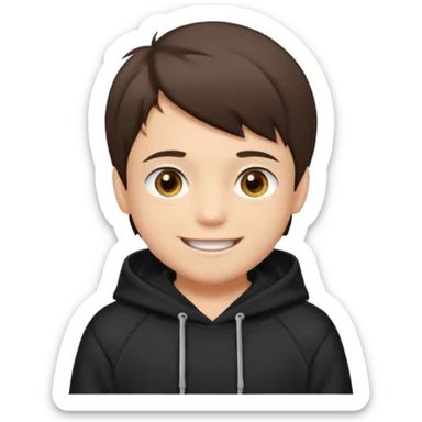 A brunette boy, short straight hair, light brown eyes, with a black sweatshirt with a hoodie, and smile without teeth  sticker