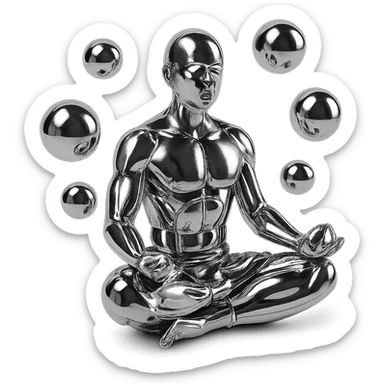 chrome style figure meditating in the lotus position, surrounded by multiple reflective metallic spheres floating around, highly polished sticker