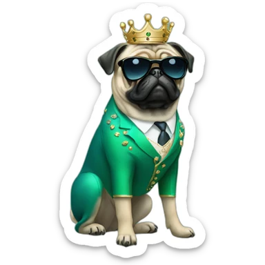 dog pug-in-gradient-green-blue-suit-with-and-black-sunglasses-standing-with-black-shoes with crown sticker