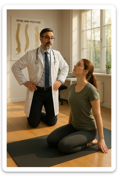 A realistic, cinematic illustration of a professional doctor in a white coat inside a bright, modern medical office, demonstrating a simple stretching exercise to a patient for improving posture. The doctor, calm and encouraging, shows a gentle spinal extension stretch while explaining its benefits for posture and spinal health, with an anatomical poster of the spine and posture alignment in the background. The scene includes a yoga mat, clean wooden floors, and natural light streaming through large windows, creating a warm, health-focused atmosphere. The patient, in comfortable activewear, watches and mirrors the stretch, emphasizing the preventive and therapeutic role of stretching for posture correction under medical guidanc sticker