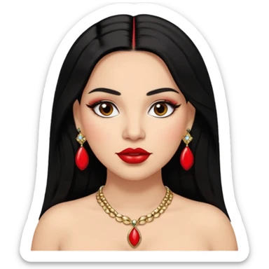 Mexican Light skin big brown eyes glamorous full figured women black medium straight hair red lips necklace and earrings long lashes sticker