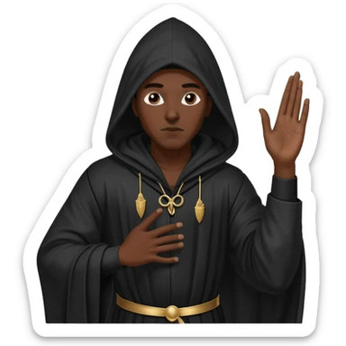 Black man in long black pointed-hood robe, striking a confident rap pose, one arm raised. Costume resembles a controversial historical uniform. Dramatic, provocative contrast in to sticker