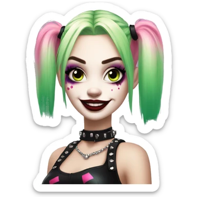 Sparkling goth punk Harley Quinn with blonde green and pink hair sticker