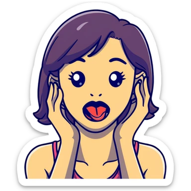 Lady holding her neck with both hands and tongue out sticker