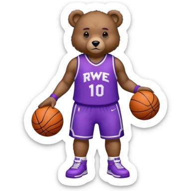 Bear with full body and wearing basketball white and purple jersey that says RWE  sticker