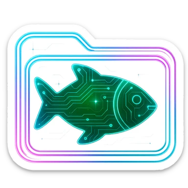 Transform the Greenfish logo into a cyberpunk, holographic style with glowing neon blue and pink edges, circuit patterns throughout the entire icon, and a transparent background. Keep the fish green and maintain the recognizable fish shape, overlaying neon and circuit effects in a futuristic, clean cyberpunk style with consistent glow and intricate circuit details. sticker