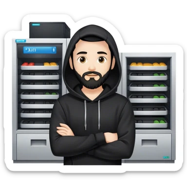 hackeur blanc cheveux noir barbe et capuche noir à côté d'un server sticker