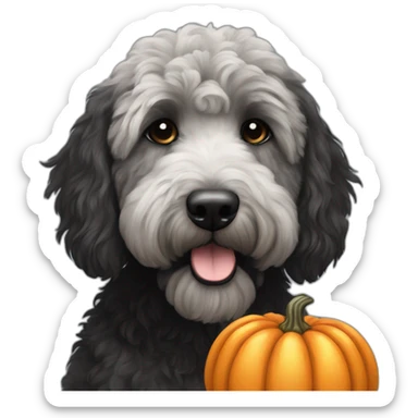 A black goldendoodle with grey spots, sitting next to a pumpkin sticker