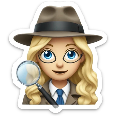 Girl with long wavy blonde hair and blue eyes, dressed as a detective with a magnifying glass over one eye sticker