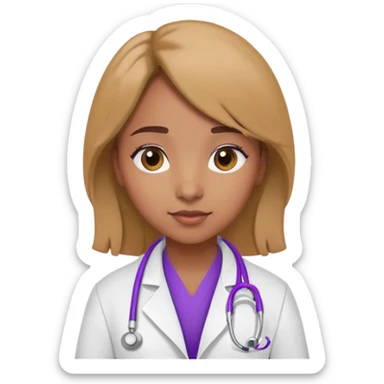 Light browned skin girl with a doctors coat with a purple stethoscope around her neck sticker
