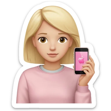 close up of a pastel pink iPhone held to the ear, blonde hair, beige clothes, iOS Apple emoji style sticker