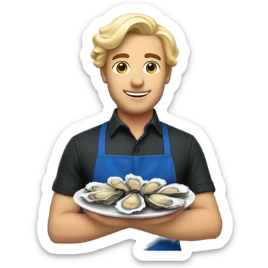 a waiter with blond hair in a blue apron holds oysters sticker